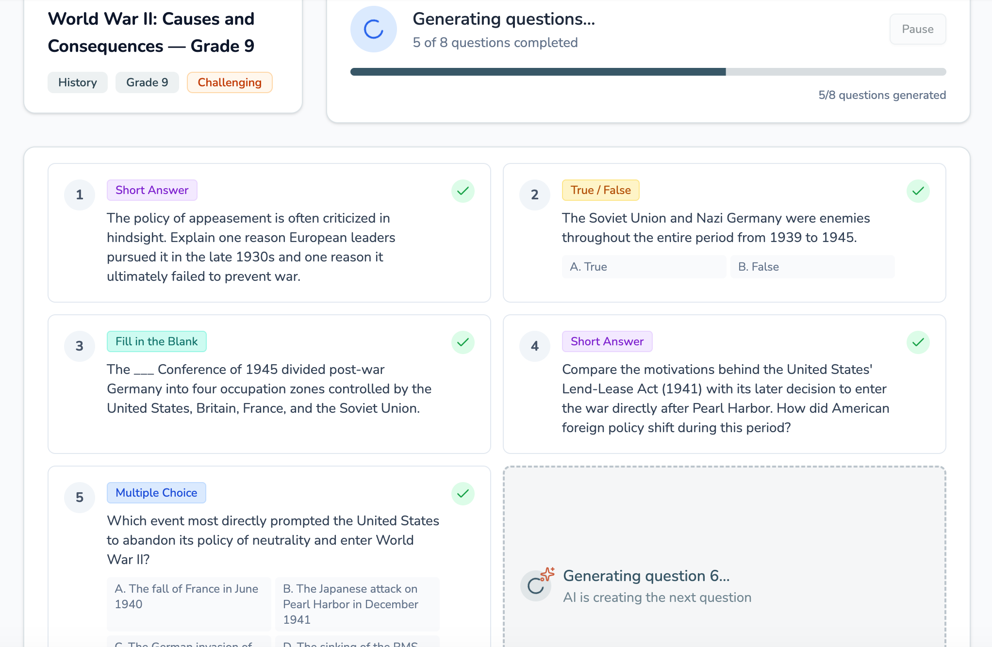 AI generating worksheet questions in real-time
